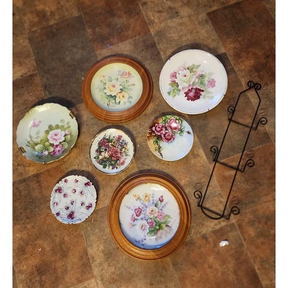 Vintage Antique Mixed Lot Of 7 Handpainted Floral Wall Hanging Gallery Plates